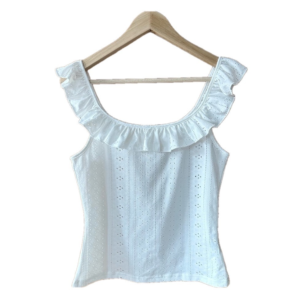 White Eyelet Top Off The Shoulder Ruffle Sleeveless Top - Large